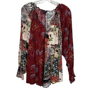 GiGiO USA Patchwork Maroon Floral Relaxed Fit Blouse Top Large L Button Front